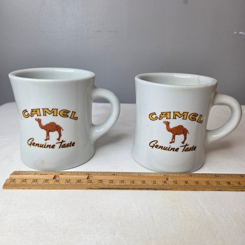 Vtg Camel Genuine Taste Coffee Mugs Set of 2 White Ceramic Japan Tobacciana READ